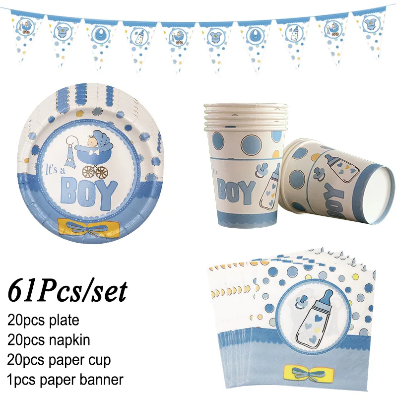 61pcs boy set 61 шт./компл. детская душевая посуда наборы бумажные тарелки стаканчики день рождения девочка мальчик украшение душевой кабины сувениры пол раскрывает - Цвет: 61pcs boy set