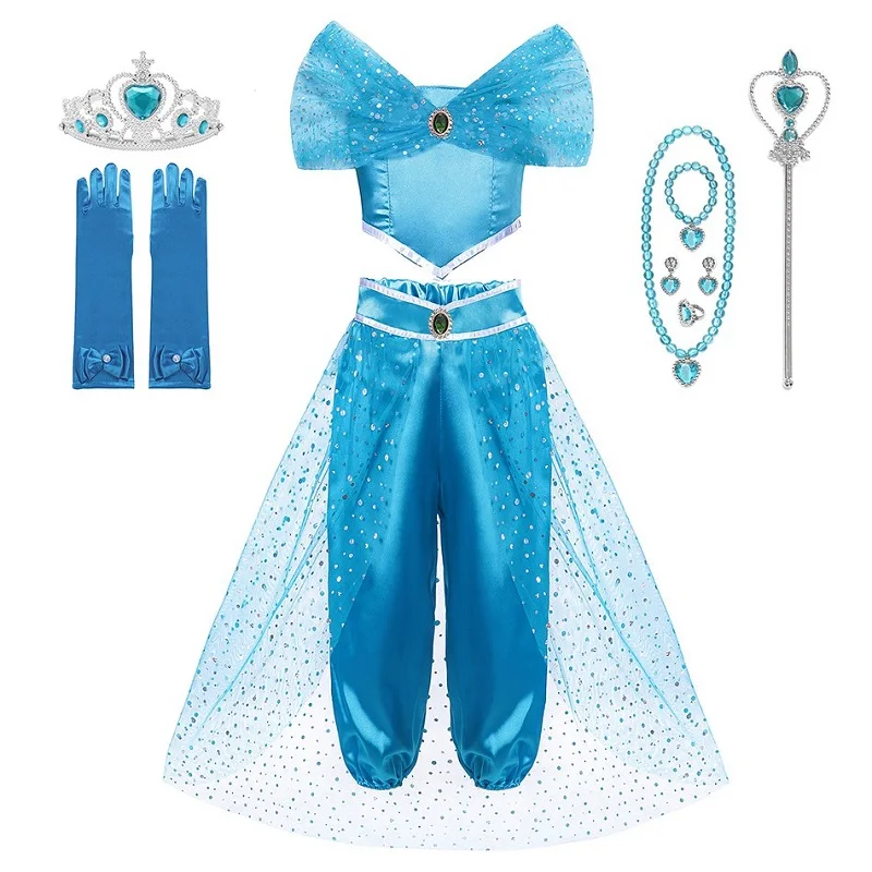 Jasmine Dress 04 Set MUABABY платье принцессы в арабском стиле; маскарадный костюм Аладдина жасмин для девочек; детская одежда для костюмированной вечеринки на Хэллоуин - Цвет: Jasmine Dress 04 Set