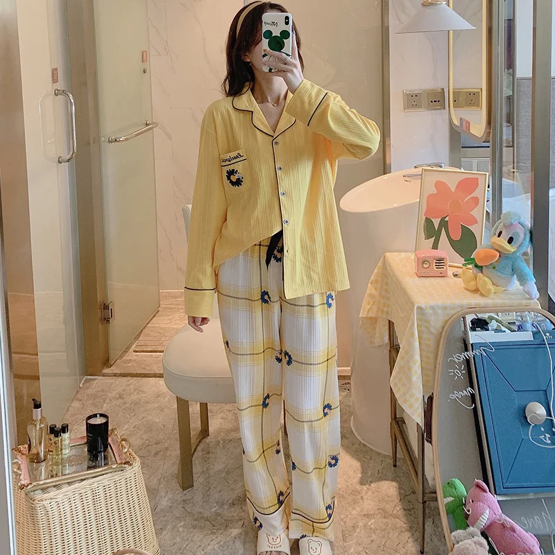 

Plaid Yellow Pajamas Women's Spring Autumn Long Sleeve Cute Cotton Home Wear Suit Student Cardigan Summer and Winter Can Be