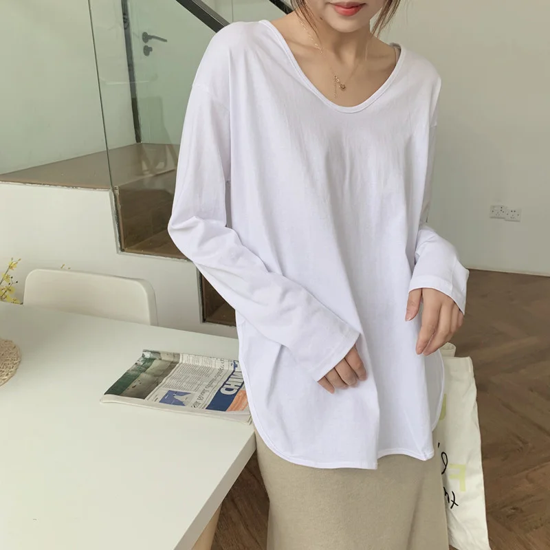 

Белая нижняя рубашка из чистого хлопка, женский осенне-зимний Свободный Топ в западном стиле с V-образным вырезом, верхняя одежда до ключиц, ...