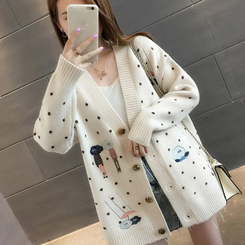 

2021 Autumn Fashion Dot Cartoon Print Knit Women Clothing V Neck Long Sleeve Tops Female Harajuku Sweater Coat Cardigan Mujer