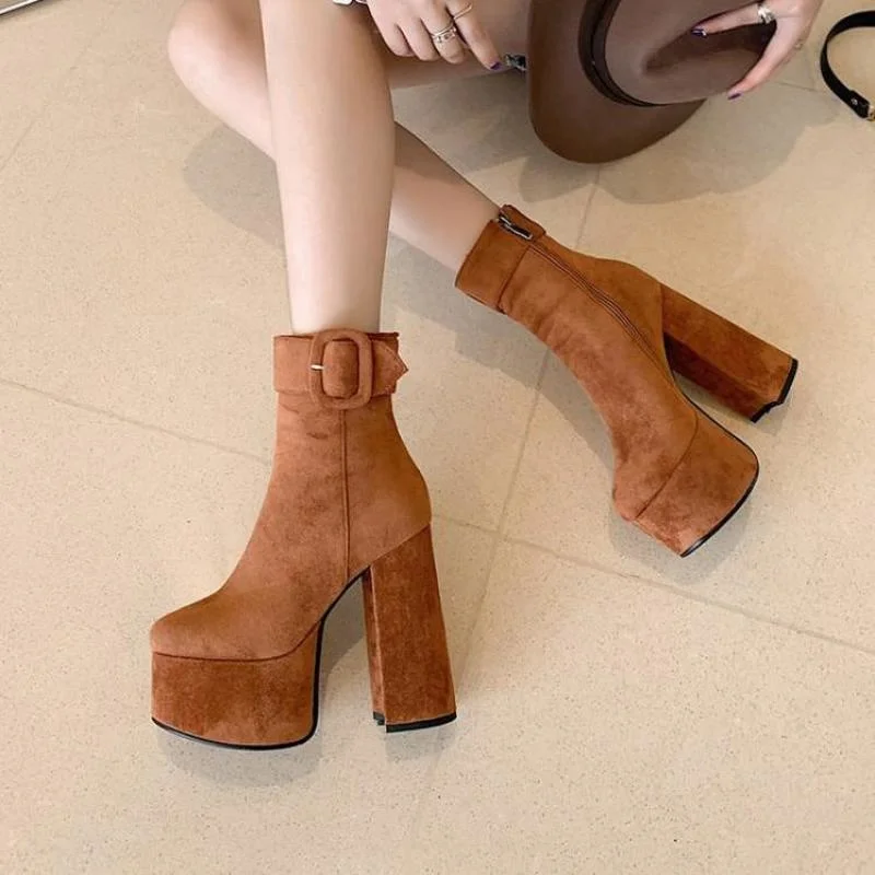 

Winter Autumn High Heels Ankle Thick Heeled Short Boots Platform Fashion Suede Martin Booties Solid Zip Shoes