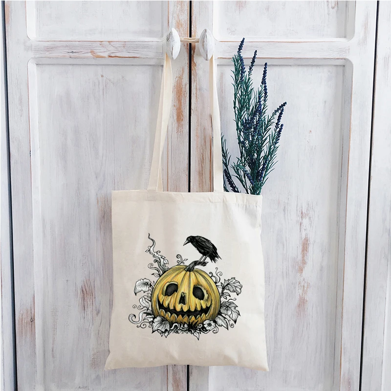 

Lantern Halloween Canvas Bag Plus Fashion Halloween Black Custom Shopping Bags Women Vintage Graphic Cute Bags Friendly Print