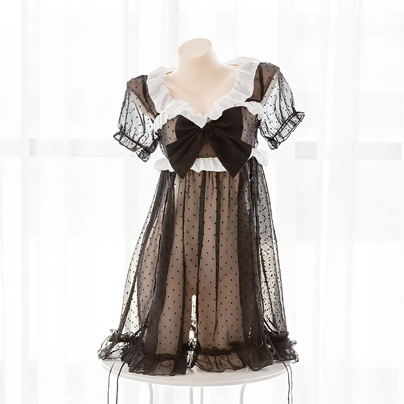 Черная пикантная Милая шифоновая прозрачная пижама в горошек с бантом платье