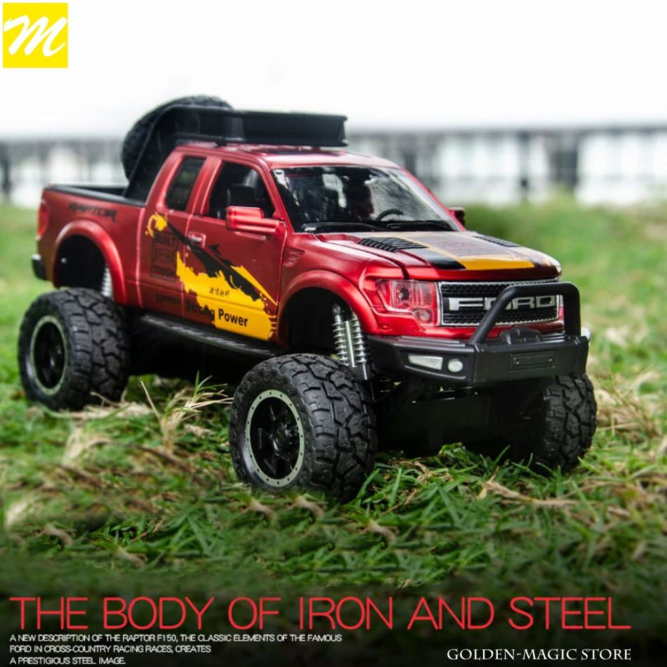 

1:32 Ford Raptor F150 Sticker drawing bigfoot Alloy Diecast Car Model Toys Sound Light Toy Truck Pull Back Vehicle For Children