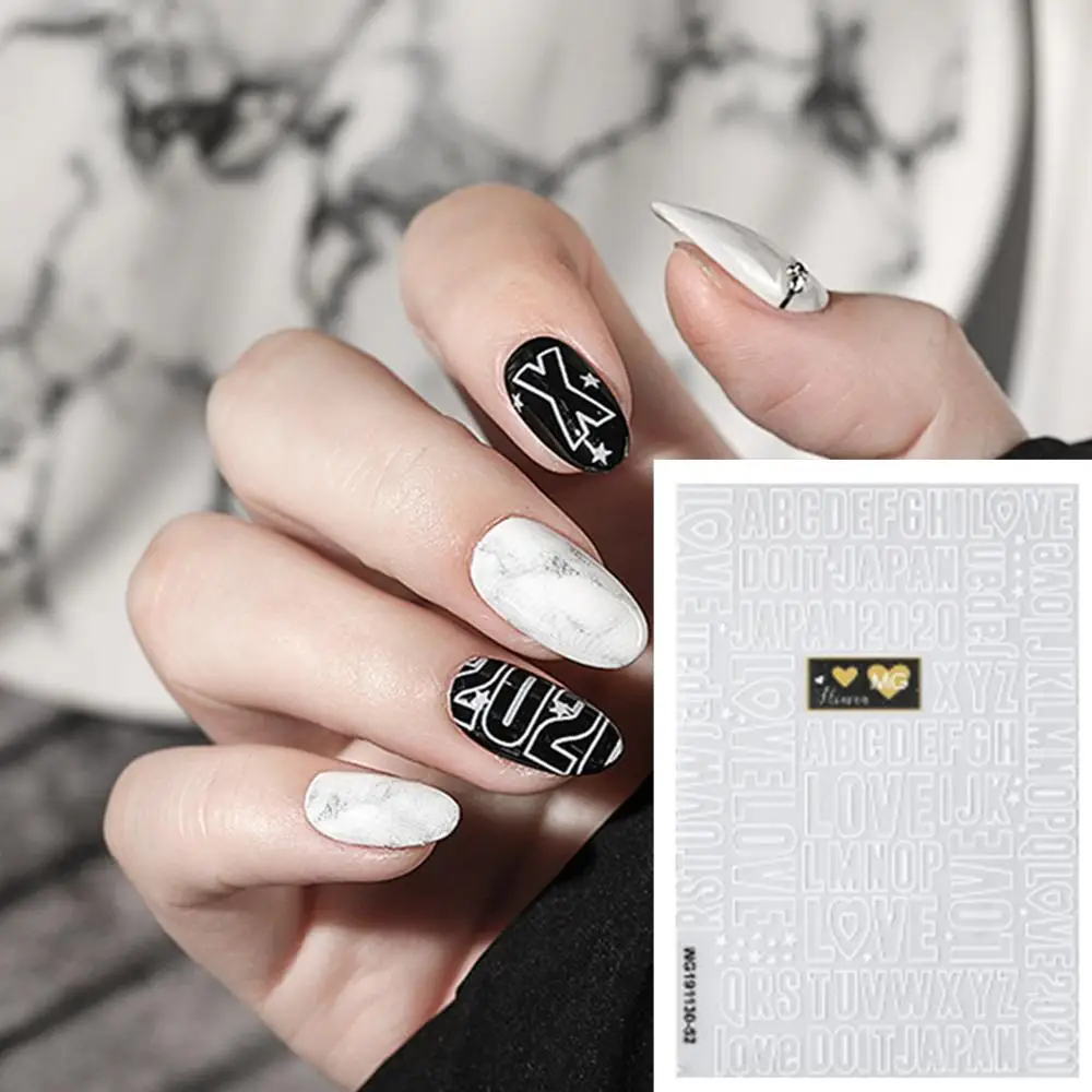 

Newest WG1130-52 white english words design 3d nail sticker self adhesive nail decal decoration accessory