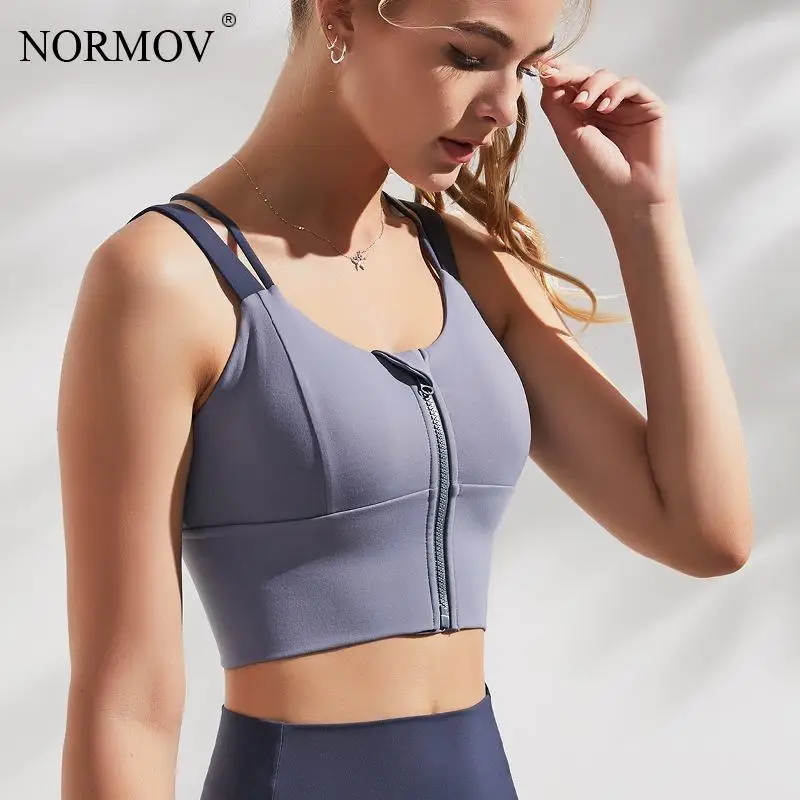 

NORMOV Zipper Sports Bra Shockproof Running Breathable Push Up Underwear Gather Fitness Beauty Back Hollow Sexy Bras Women
