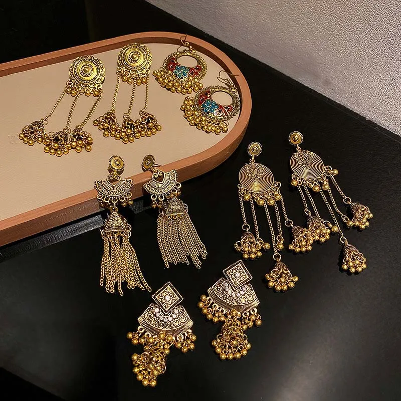 

2021 New Arrive Bohemian Style Drop Earrings Long Chain Tassel Bronze High Quality Bells Planted Dangle Earrings For Women