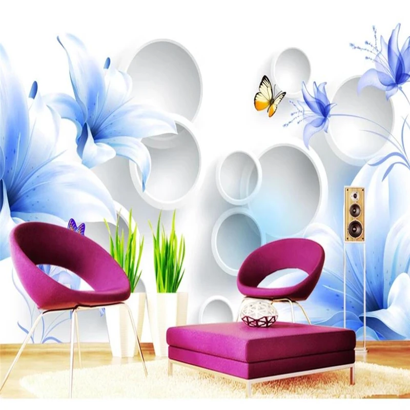 

Custom Mural Wallpaper Blue Lily 3D Stereo Circle TV Background Wall