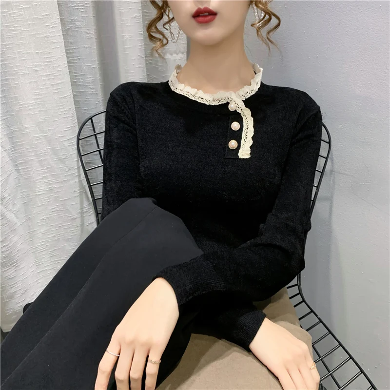 

Room 197513 at 6 row 1 】 make velvet collar stripe splicing lace sweater 60