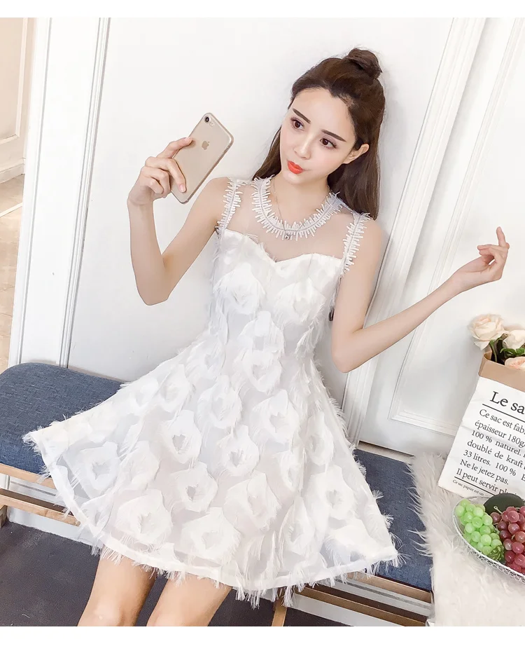 

New Fashion Ladies Feather Tassel Embroidered Lace Vest Dress Fashion Sexy Temperament Girl Party Casual Beach Dress