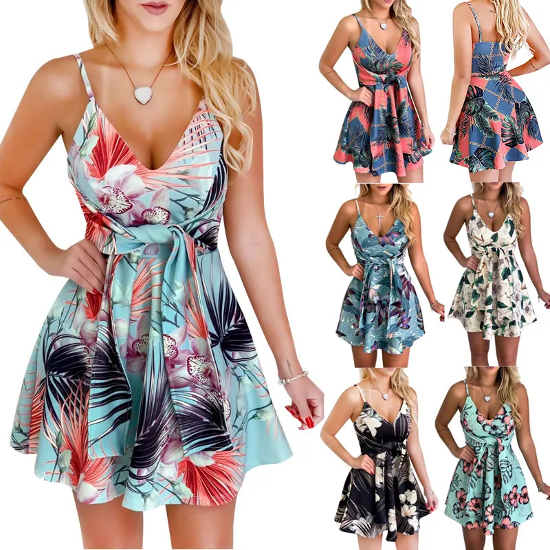 

New Arrival Women Tropical Print V-Neck Spaghetti Strap Sleeveless Mini Dress for Summer