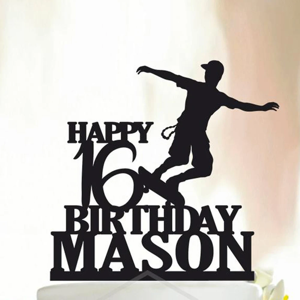 Topo de bolo personalizado com skate, enfeite de bolo de aniversário com nome e idade, decoração de bolo de aniversário para meninos