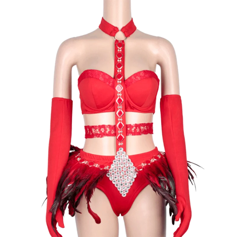 

Stage Costumes For Singers Dj Ds Pole Dance Clothing Sexy Red Feather Bikini Exaggerated Headdress Nightclub Party Wear DN5692