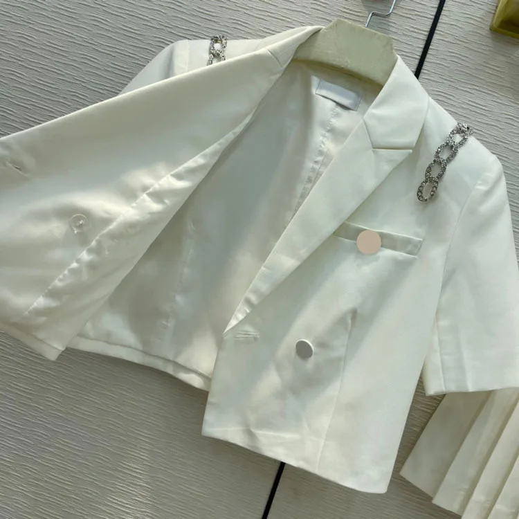 Fashion Two Piece Skirt Set for Women Summer New Preppy Style Chain Decoration Short Sleeve Shirt with Solid Pleated Skirts Lady