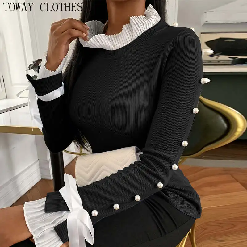 

Lace Insert Bowknot Buttoned Bell Cuff Blouse Women Tops Bell Cuff Blouse casual elegant knit wild office splicing