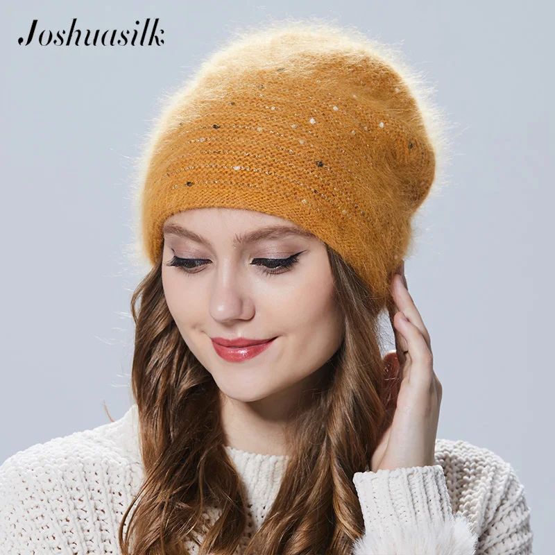 Joshuasilk зима Женская шапка Бабочка вязаная шерстяная ангора Шапочки в полоску С