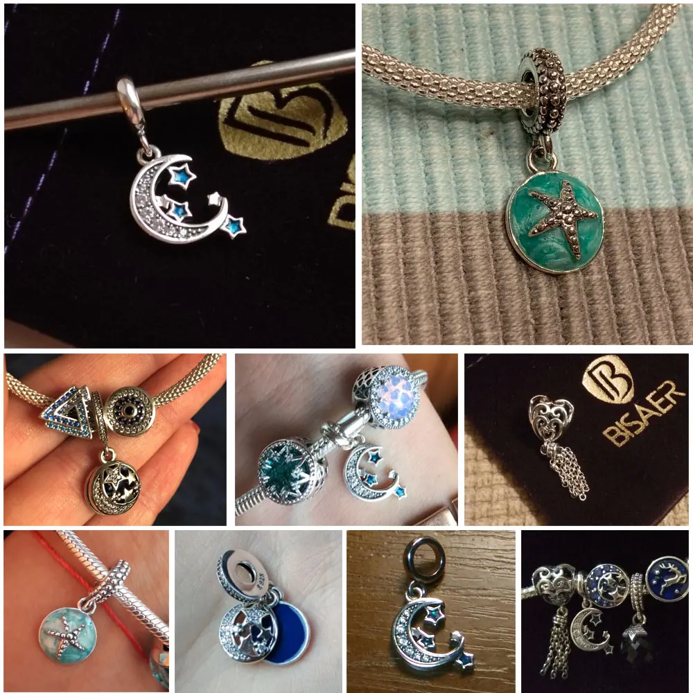 

BISAER Starfish Moon Charms 925 Sterling Silver Summer Sea Starfish Moon STARS Pendants Charms Fit Bracelet Beads Jewelry Making