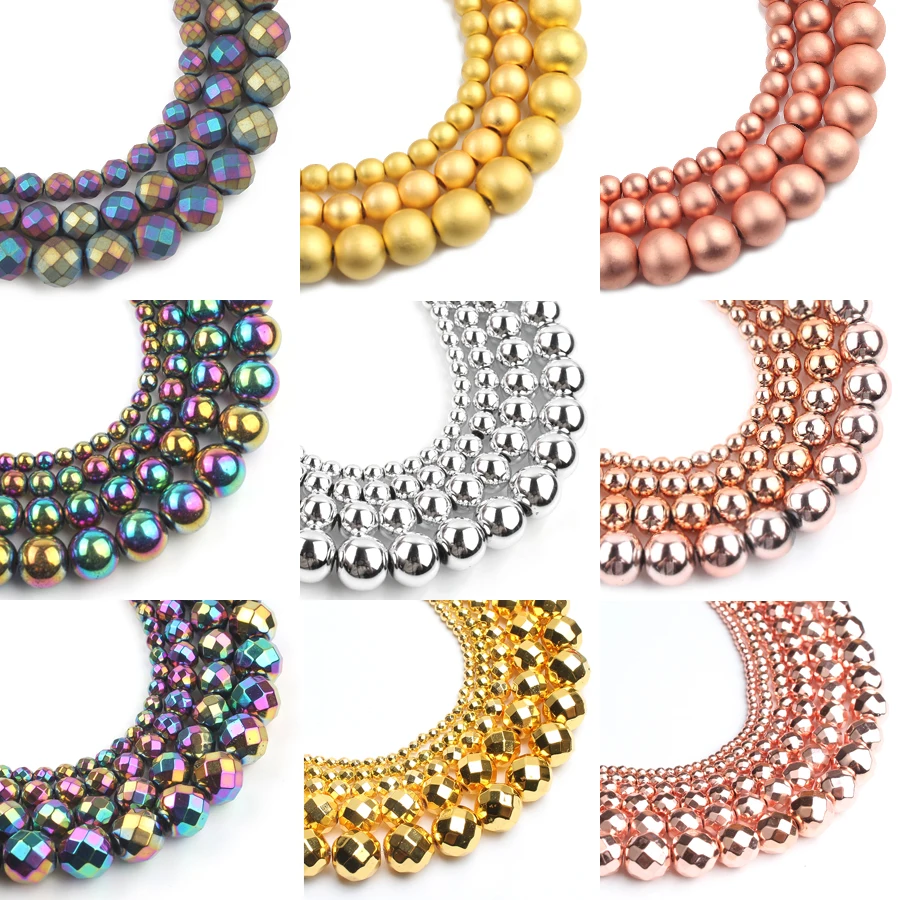 

Natural Stones Rhodium Rose Gold Plated Hematite Round Loose Mineral Beads for Bracelet DIY Jewelry Making 15inch 2/3/4/6/8/10mm