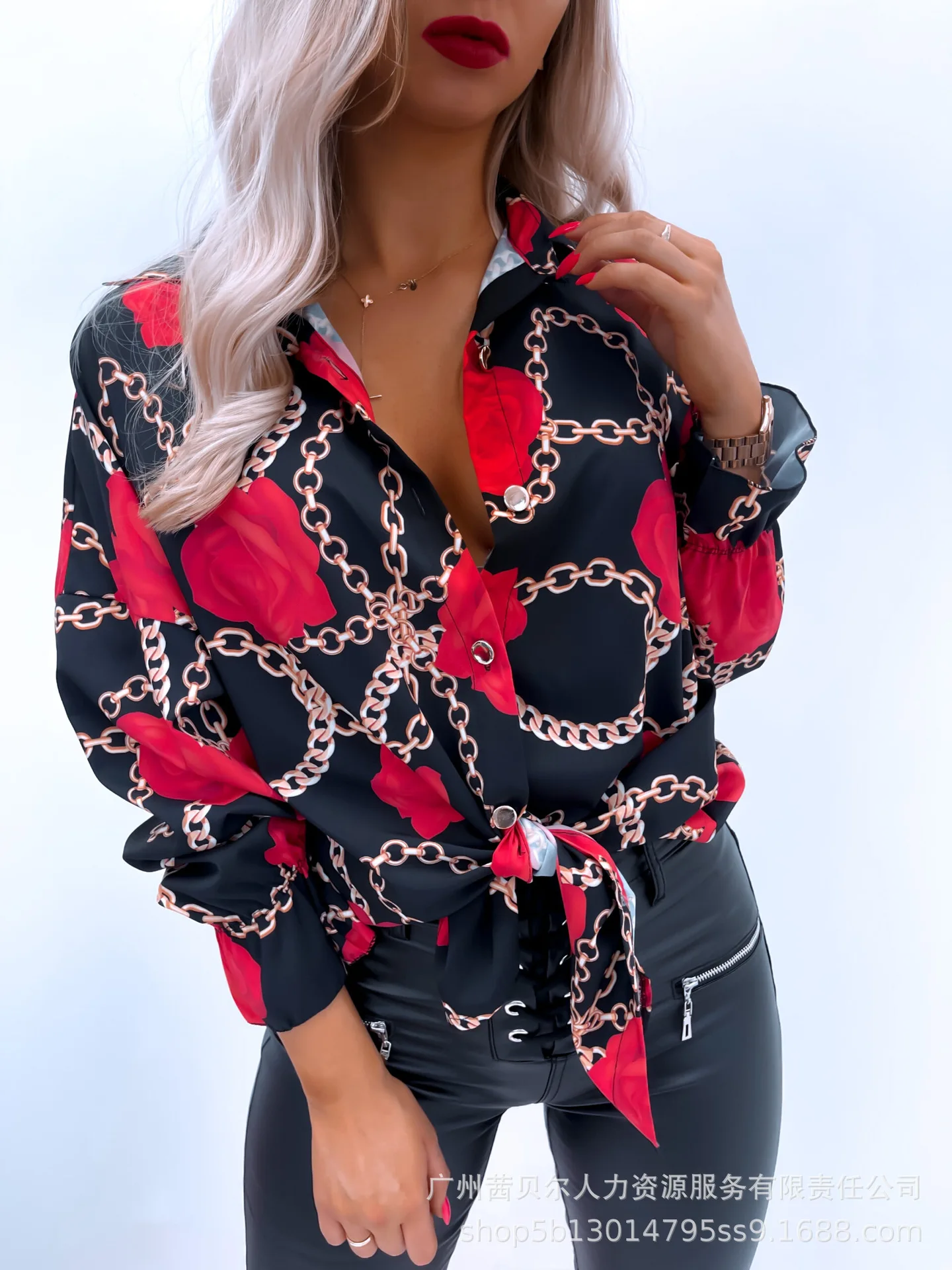 

2022 spring new women's red rose pattern shirt