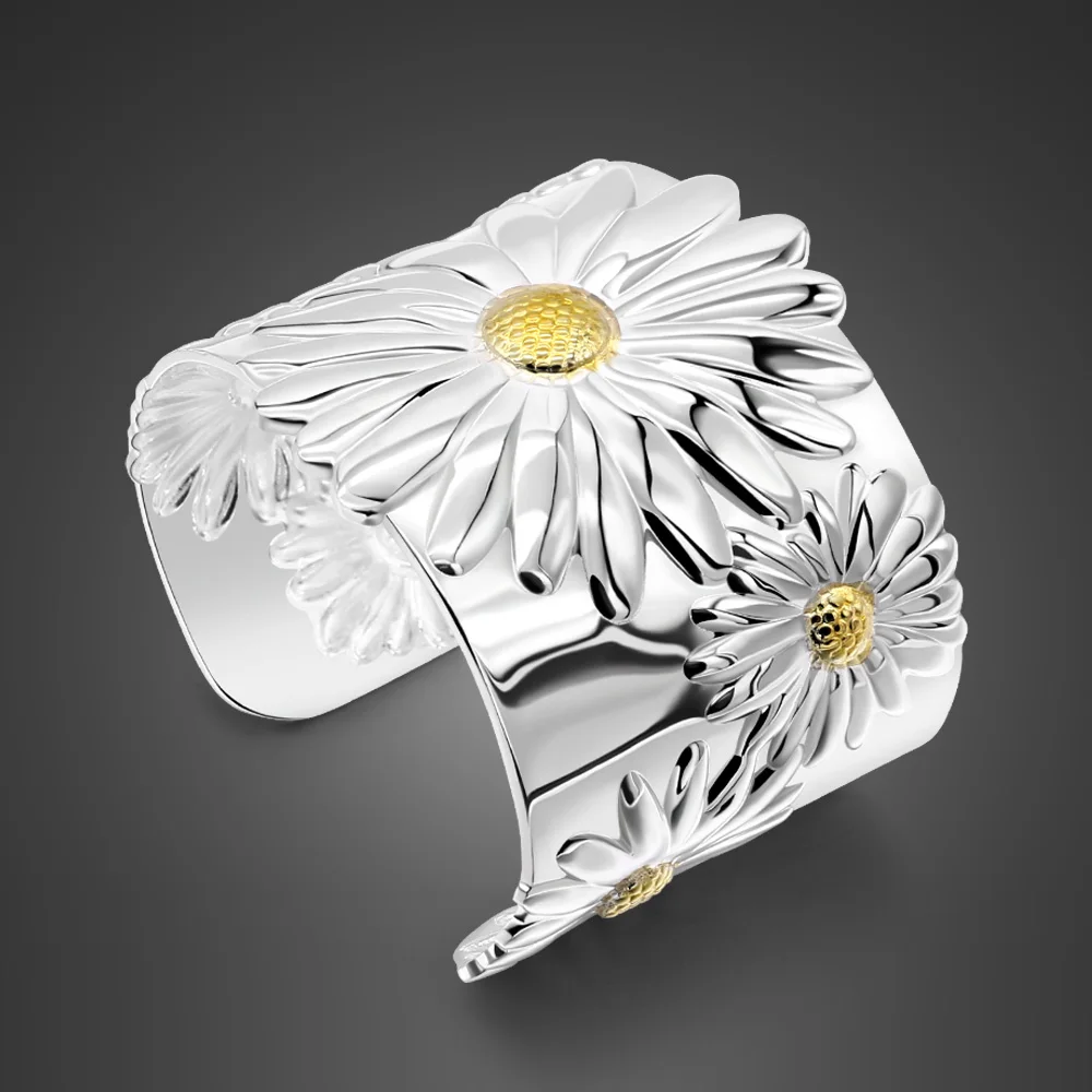 New Designs Jewelry hyperbole 50MM Wide 100% 925 sterling silver   bracelet Cuff   flowers Bracelet For Women Accessories Gift