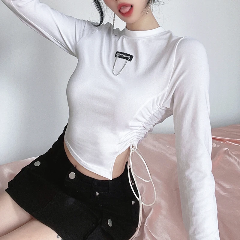 

Women Crop Tops Long Sleeve T-shirts Patchwork Irregular Fashionable Undershirts Design Korean-style Ins Ulzzang Top Female Slim