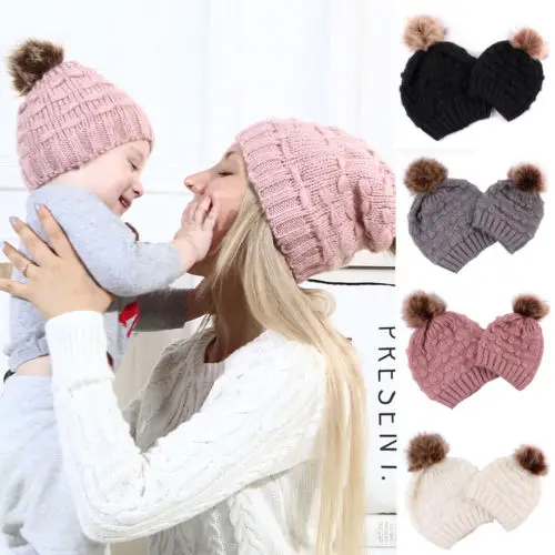 

5 Colors Parent-Child Hat Fur Pompom Hat Warm Winter Wool Knitted Beanie Pom Hat Caps Crochet Ski Cap