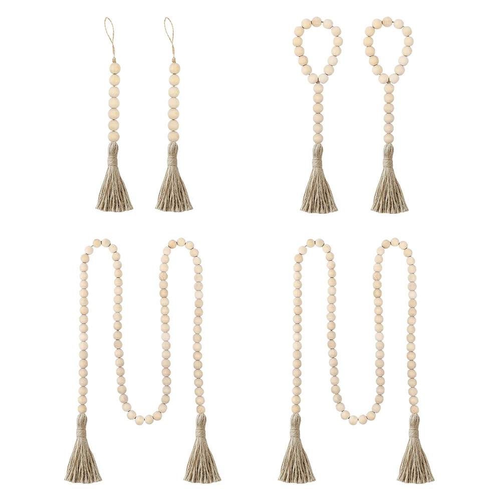 

6pcs Wood Bead Garland With Linen Rope Wood Bead String For Farmhouse Tassels Rustic Country Wall Hanging Decoration