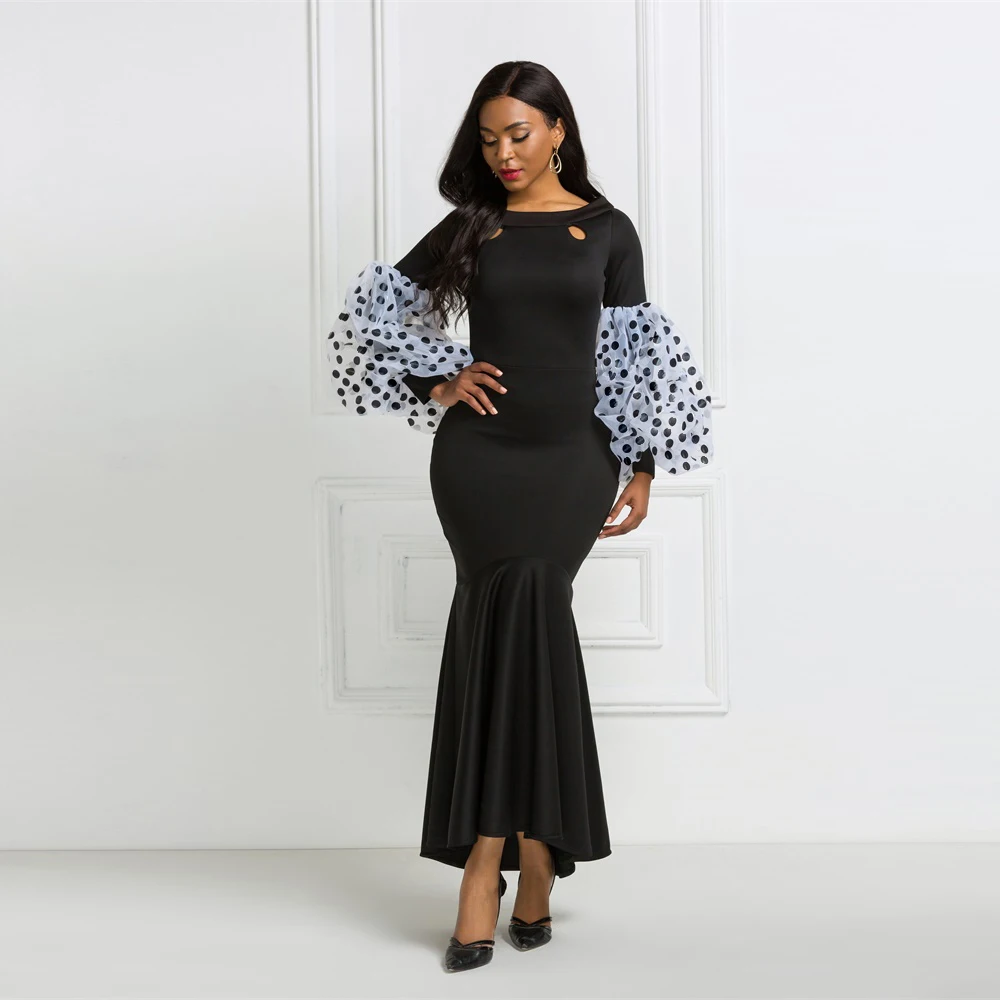 Черные вечерние платья макси в горошек с длинными рукавами и буфами женские