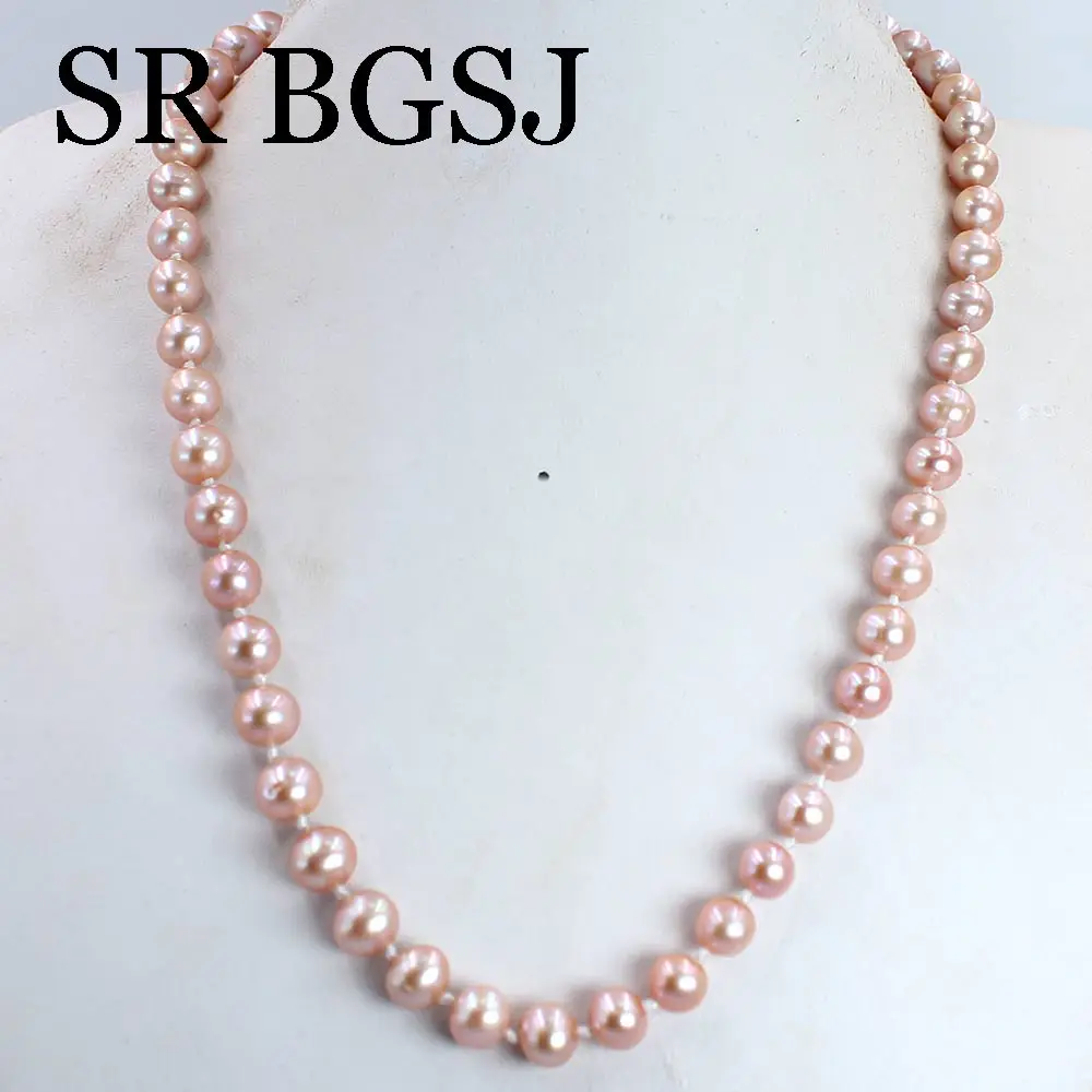 

Free Shipping 8-9mm 3A White Pink Purple Round Natural Freshwater Pearl Knot Female Jewelry Necklace 18inch