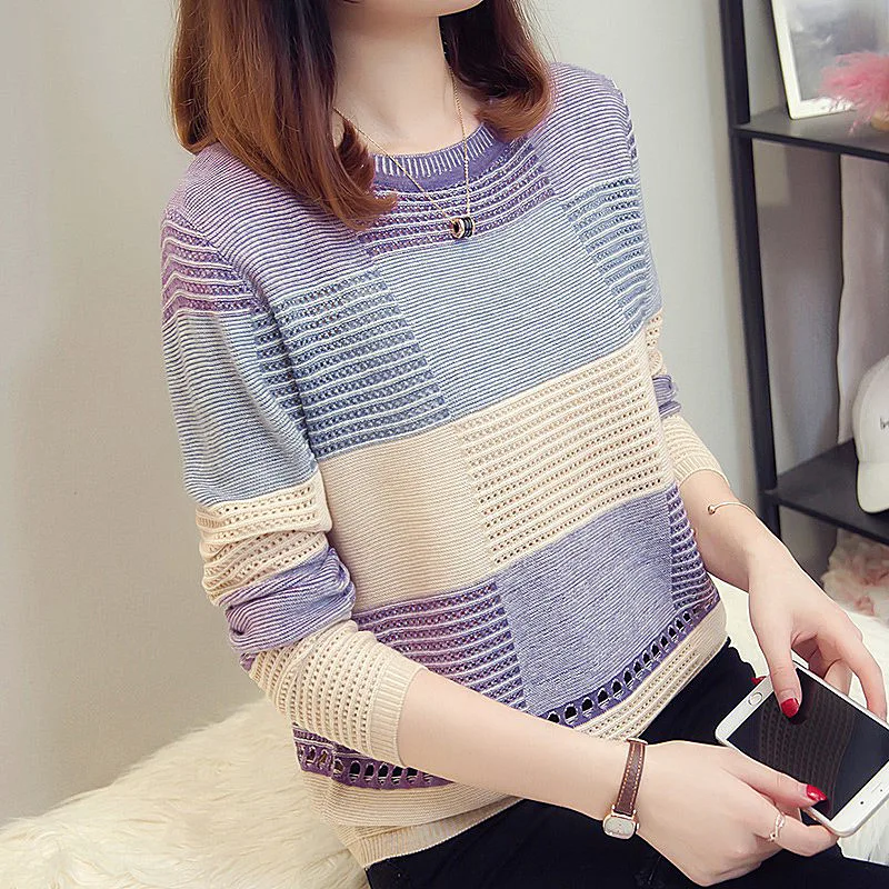 

Hedging women's spring and autumn new Korean color matching loose striped long-sleeved bottoming shirt sweater hollow thin blous