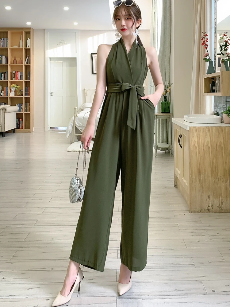

NEW Women Sexy Halter Jumpsuits Sleeveless Romper Waistband Deep V-neck Urban Office Ladies Loose Wide Leg Pants Overalls