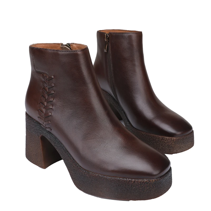 

Hjwsfdcai New Women High Heels Short Boots Ladies Retro Cowhide Leather Shoes Chunky Heel Round Toe Zipper Shoes For Women Heels