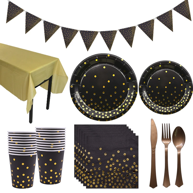 Одноразовая посуда в горошек из фольги Черное золото бумажное полотенце