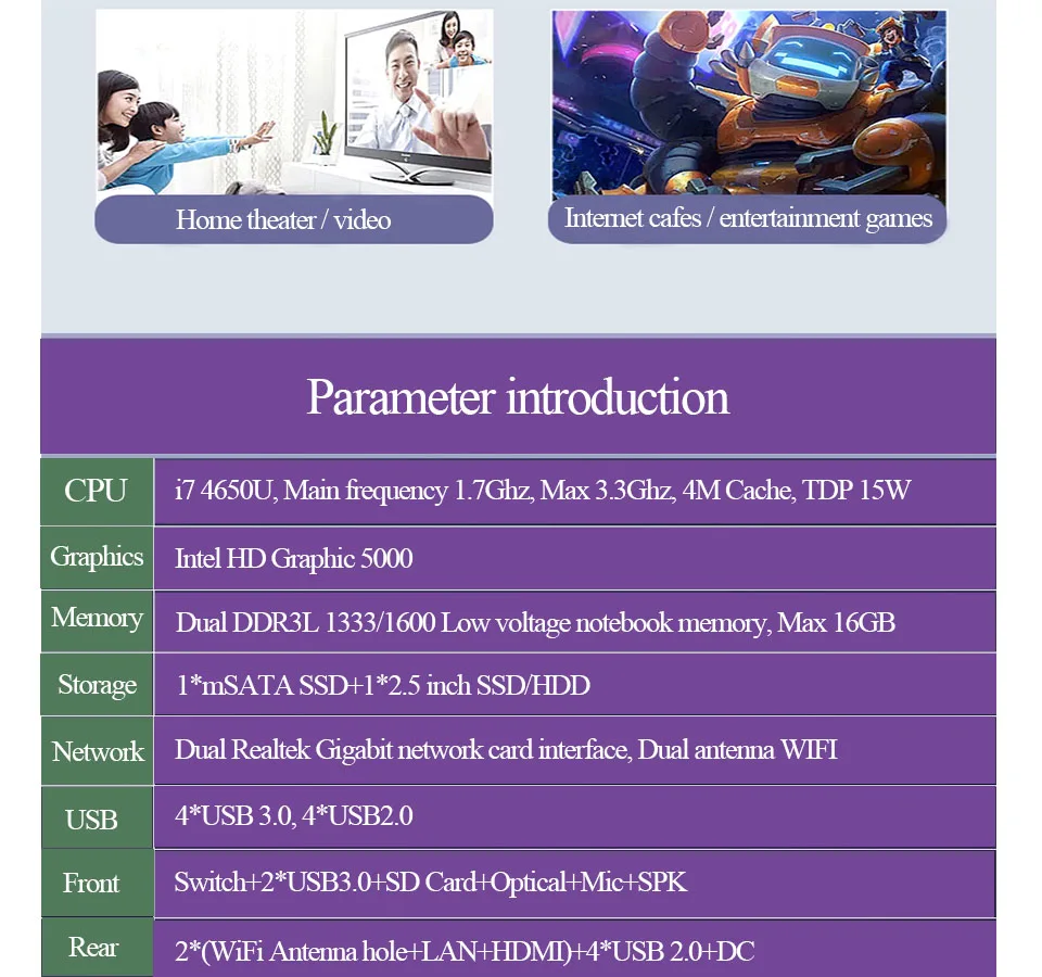 Windows мини ПК i7 4650u i7 4500u Barebone HTPC Intel Nuc Безвентиляторный Компьютер Haswell graphics HD 5000 300M Wifi