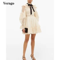 verngo high neck lace applique short formal party dress dotted tulle puff long sleeves beige above knee length prom dress