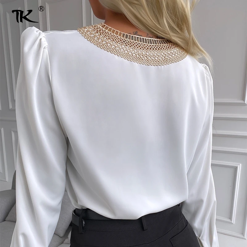 

Satin Patchwork White Women's Blouse V-neck Long Sleeve Female Blouses 2021 Spring Summer Office Streetwear Fashion Ladies Top