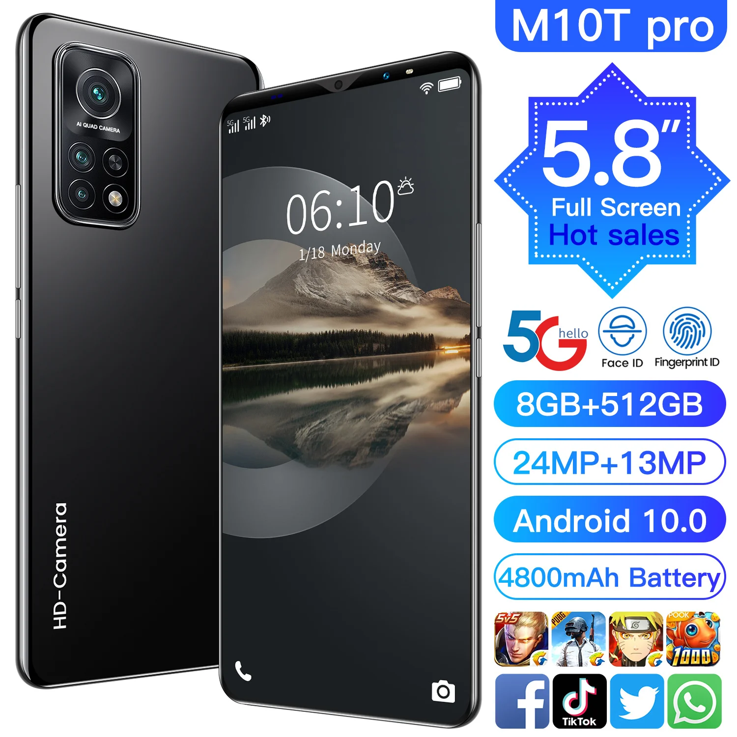 

M10T Pro 5.8 Inch Dual SIM Face ID 8 Core 13+24MP Andriod 10.0 Smartphones 4800mAh Fingerprint ID MTK6763 Mobile Cellphones
