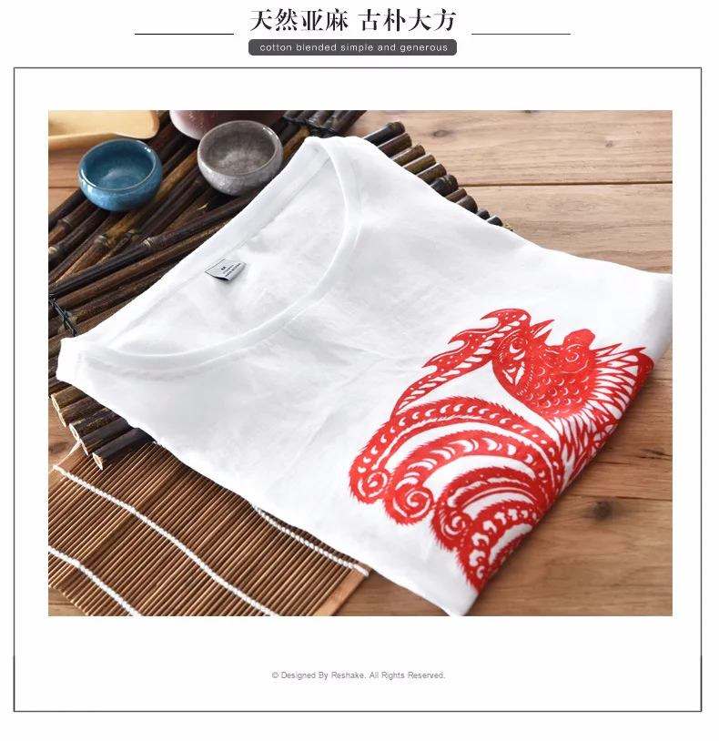 

linen men's pure o-neck short sleeve t-shirt with Rooster paper-cut print summer white casual t-shirts men new arrivals tees men