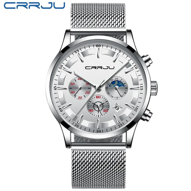 M Silver White CRRJU мужские часы Топ бренд Роскошные Модные Бизнес Кварцевые часы мужские спортивные полностью стальные водонепроницаемые черные часы Relogio Masculino - Цвет: M Silver White