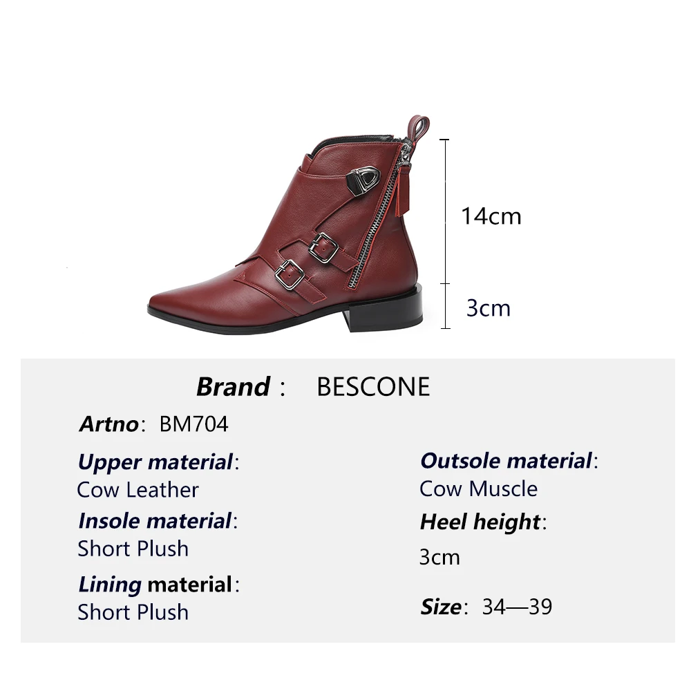 

Bescone Ankle Boots Woman Genuine Leather Casual Shoes Pointed Toe Buckle Strap Decoration Low Squrare Heel Zipper Shoe BM704