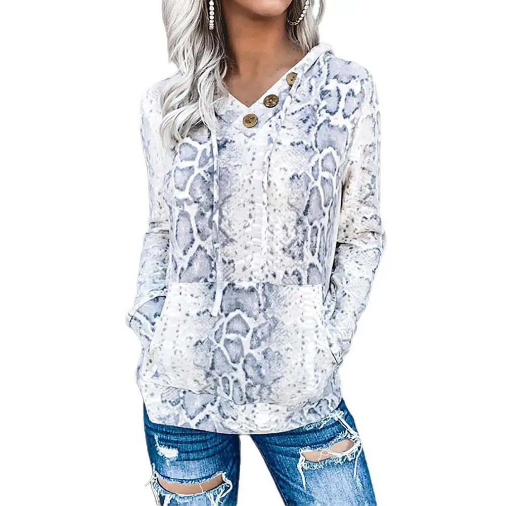 

HOT SALES!!! Women Fashion Buttons Long Sleeve Hoodie Camo Leopard Snake Sweatshirt Blouse