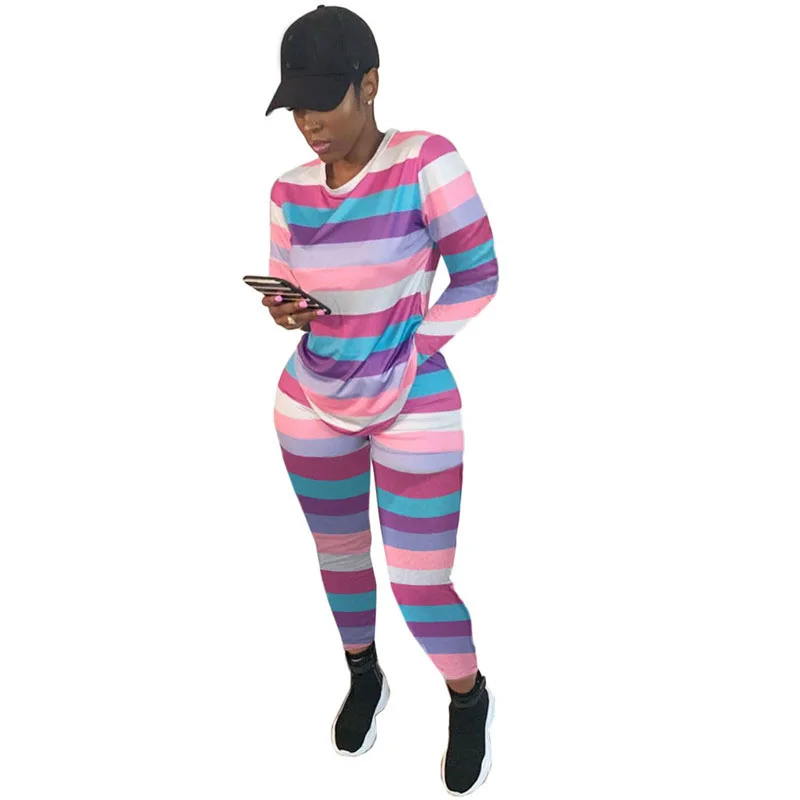 

Красочные в полоску; Комплект из двух предметов спортивный костюм для женщин с длинным рукавом толстовка и брюки-леггинсы, спортивные костю...