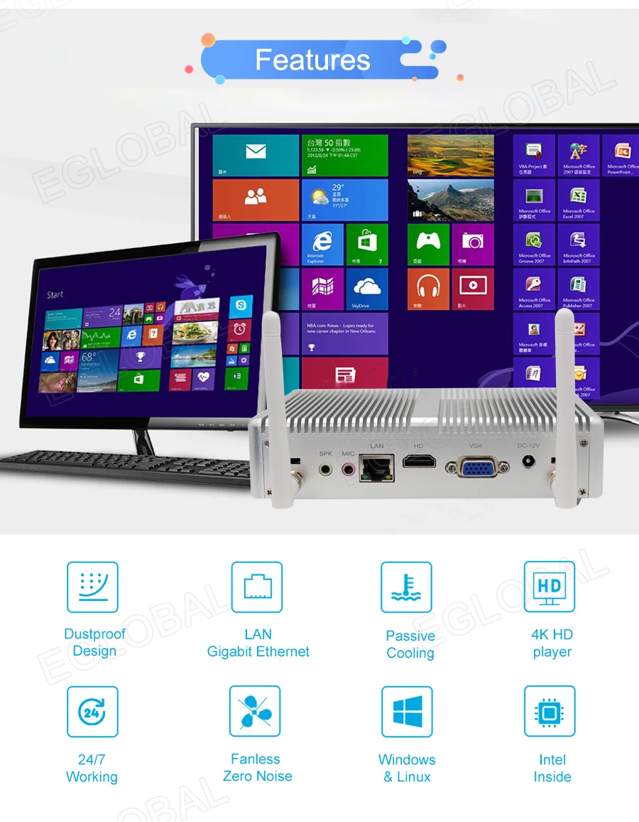 Процессор EGLOBAL Fanless Мини ПК Intel Core i3 i5 i7 HDMI VGA WIN10 Linux мини Размеры компьютер