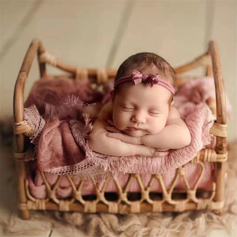 Vintage Woven Rattan Basket Newborn Photography Props Basket Baby Posing Sofa Bed Accessoire Baby Props 100 Days Shooting Props