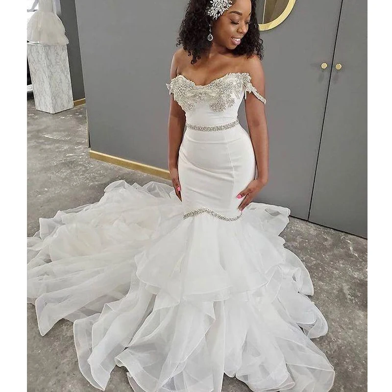 

2021 Plus Size Arabic Aso Ebi Sexy Mermaid Crystals Wedding Dresses Sweetheart Sash Organza Tiers Bridal Gowns