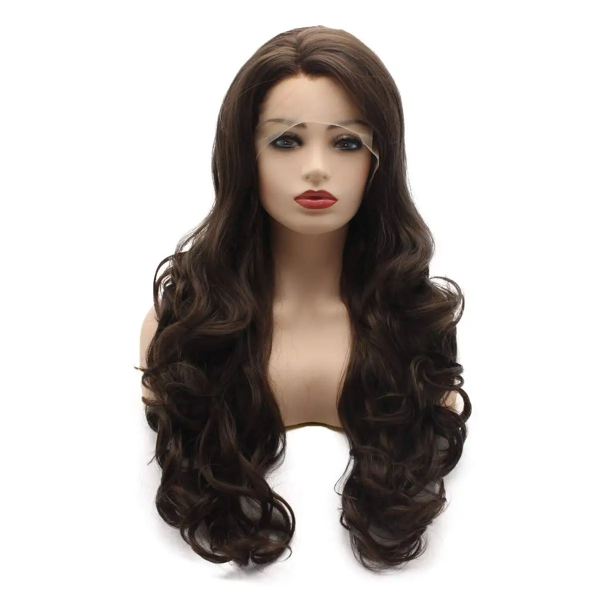 

Jeelion Hair Wavy Long 26inch Two Tone Brown Mix Half Hand Tied Realistic Synthetic Lace Front Wigs