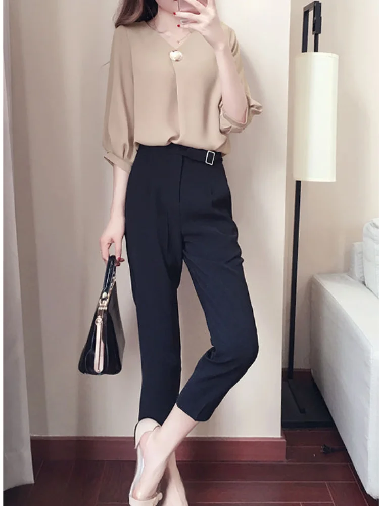 

2 Piece Set Fashion Trousers Suit Office Long Sleeve Blouse Pants Outfit