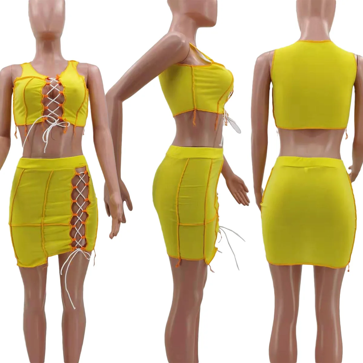 

2021 Summer new Fashionable Hollow Out Sexy Women Clothing Blouse and Skirt 2 Piece Set
