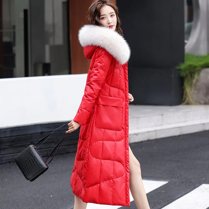 New Women Sheepskin Down Overcoat Autumn Winter Elegant Fashion Fox Fur Collar Thick Warm Slim Long Sheep Leather Down Coat